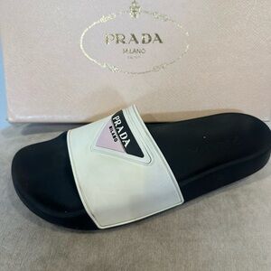 Prada Black and Cream Slides with Logo